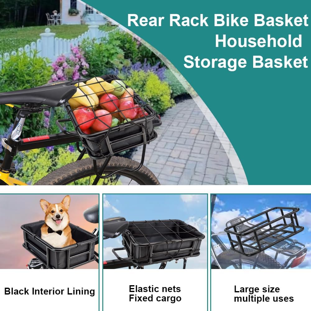 Rear Bike Basket with Black Liner, Cargo Net Large Rear Removable Metal Bicycle Basket, Heavy Duty Rear Basket for Electric Bike, Great for Bike Trip Carrying Grocery Dog