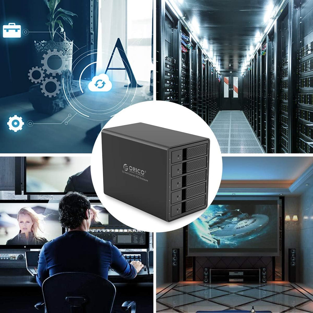 ORICO 5 Bay External Hard Drive Enclosure USB 3.0 3.5 inch Chia Support 80TB (5 x 16TB) Aluminum Alloy HDD Enclosure with Fan / 150W Disk Data Storage (No RAID)-9558U3