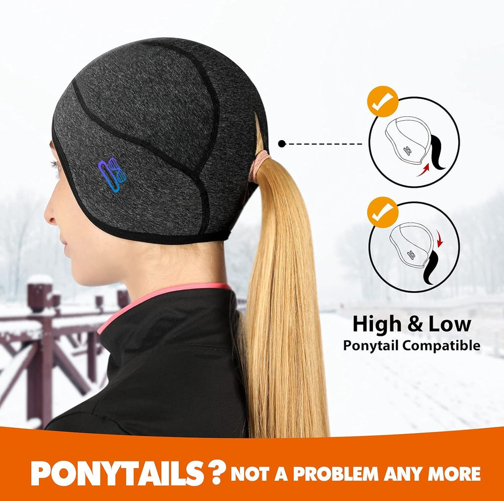 Hikenture Skull Cap Helmet Liner for Men and Women(2-Pack), Winter Thermal Cycling Cap for Men & Women, Running Cap for Men and Cycling Hat Beanie with Ponytail for Women