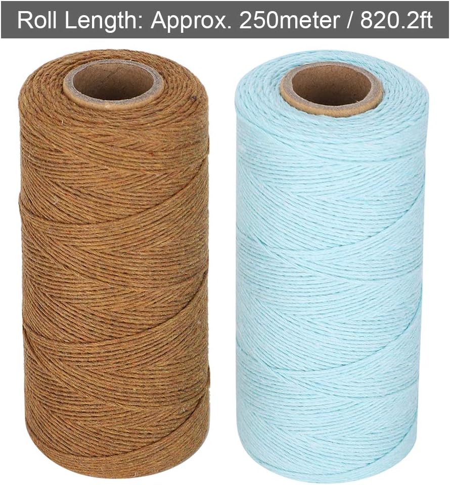 2 Rolls Craft Cotton Thread Twine Pure Cotton Yarn Tensile Resistant 8/4 Warp Thread for Knitting Tatting Carpet Tapestry(Brown+Light Blue)