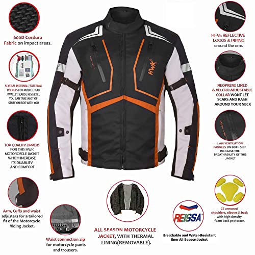 HWK Motorcycle Jacket for Men and Women Scorpion with Cordura Fabric for Enduro Motorbike Riding and Armor Foam Padding for Impact Protection, Dual Sport Motorcycle Jacket - Orange, Large