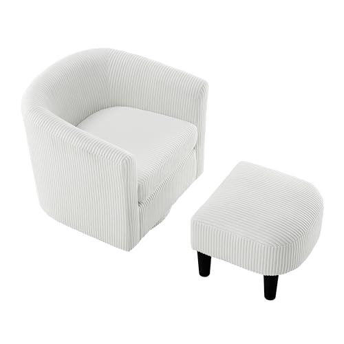 Modern Barrel Swivel Chair, 360 Degree Swivel Accent Chair with Ottoman, Corduroy Fabric Armchair, Upholstered Tufted Round Accent One-Seater Sofa for Bedroom