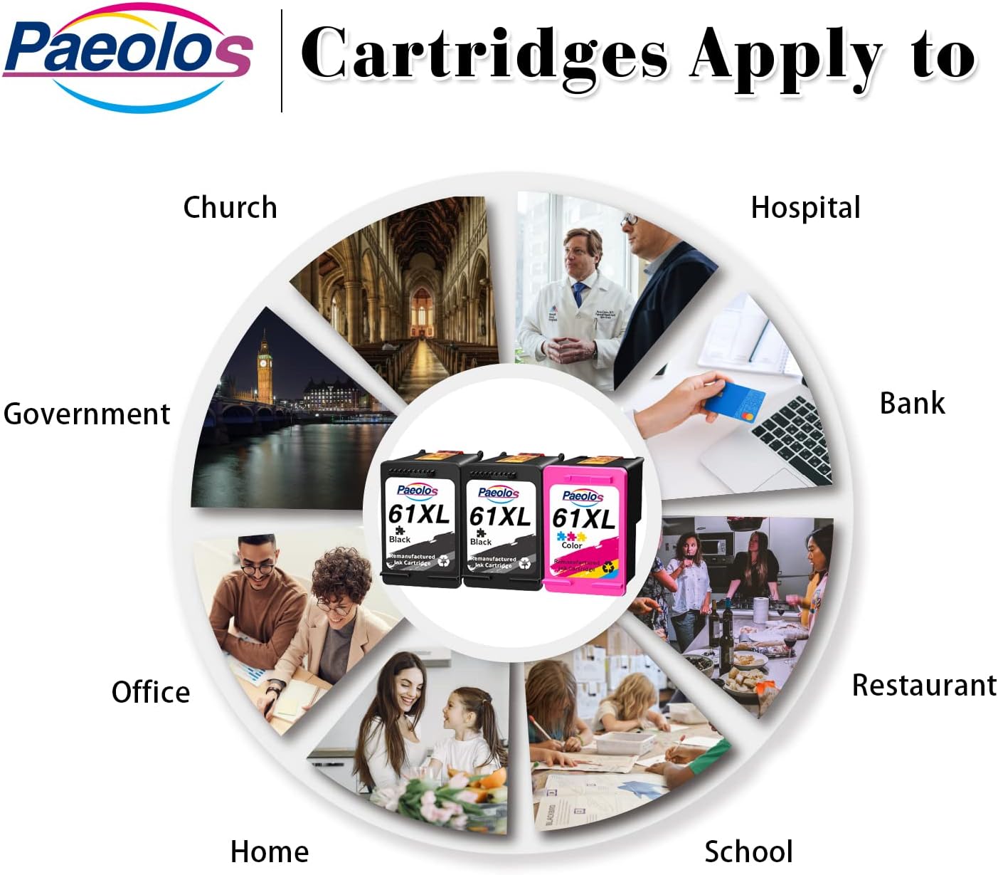 Remanufactured Ink Cartridges Replacements for HP 61 XL Work with Envy 4500 5530 OfficeJet 2620 4630 DeskJet 1000 1010 1050 1510 2050 2510 3000 3050 3510 Printer, 3 Packs by Paeolos Pack of 2