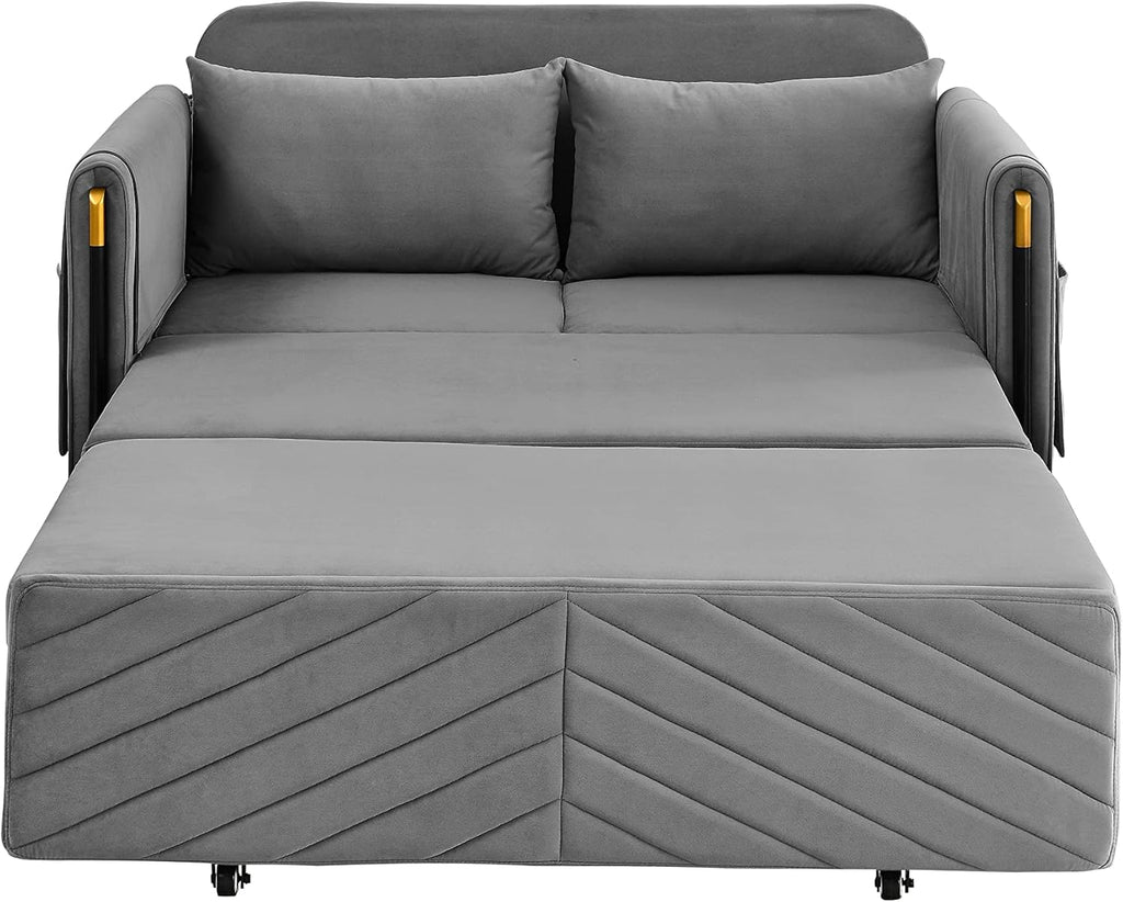 54" Velvet Loveseat, Modern Convertible Sofa Detachable Arm Pockets, Comfortable Couch with Pull Out Bed and 2 Pillows for Living Room Apartment Office, Gray