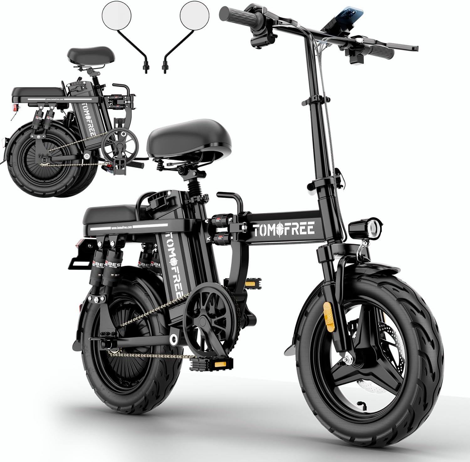 Electric Bike 14" Electric Bike for Adults, Folding Electric Commuting Bike with 1000W Brushless Motor, 48V 20Ah Removable Battery, 25MPH, Up to 40 Miles, Multiple Shock Absorption