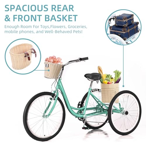 AkiiGer Adult Tricycles for Adults, 7 Speed Adult Trikes, 20/24/26 inch 3 Wheel Bike with Basket, Three-Wheeled Cruiser Bicycles for Women and Men, Without Fenders