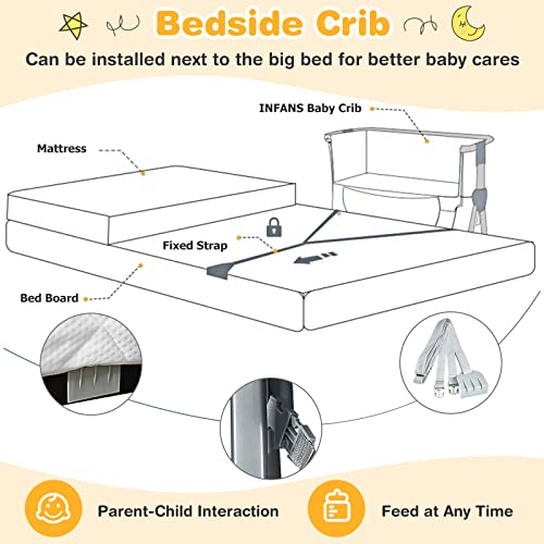 INFANS Baby Bassinet Bedside Crib, Newborn Sleeper w/Large Storage Basket, Adjustable Heights & Angle, Detachable &Washable Mattress, Breathable Mesh, Straps, Easy Moving Bed Side (Dark Grey)