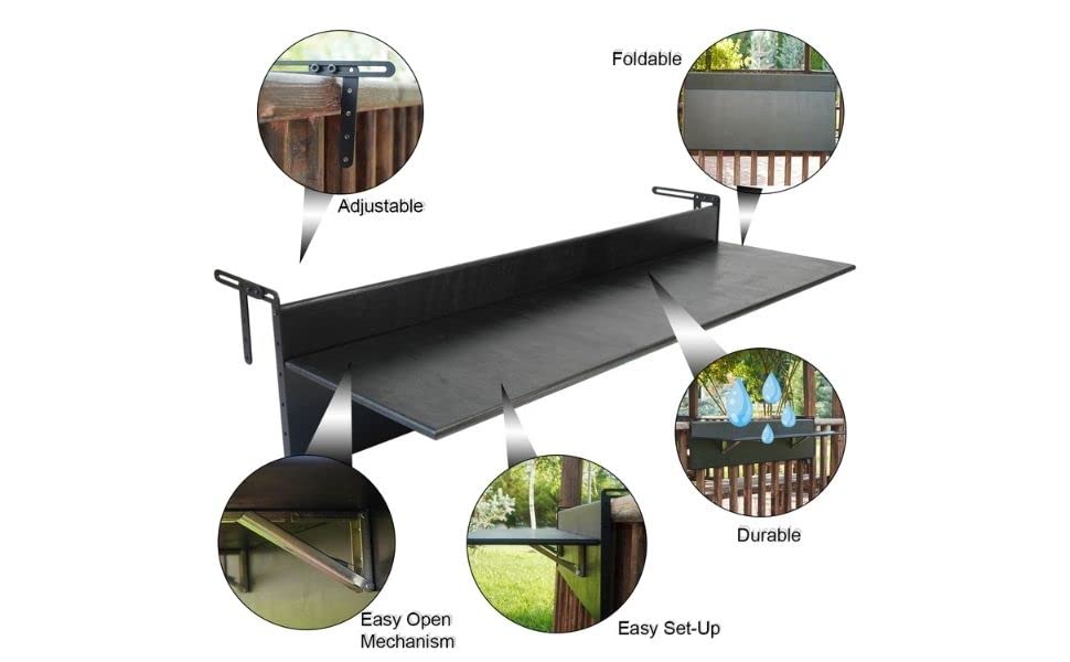 Balcony Bar Table for Railings, Outdoor Folding Deck Rail Table for Patio, Balcony Hanging Desk for Many Railings Compatible, Wooden Bar Serving Table for Porch (Chestnut, XL: 47.3 x 11.8 inches)