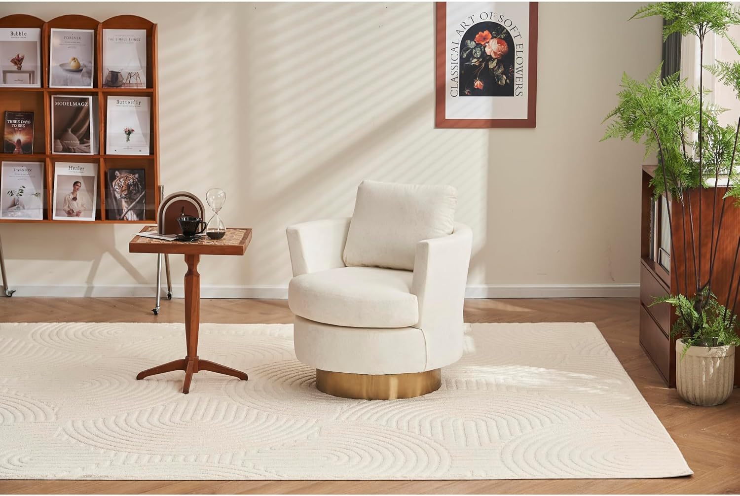 Velvet Swivel Barrel Chair, Swivel Accent Chairs Armchair for Living Room, Reading Chairs for Bedroom Comfy, Round Barrel Chairs with Gold Stainless Steel Base (Beige)
