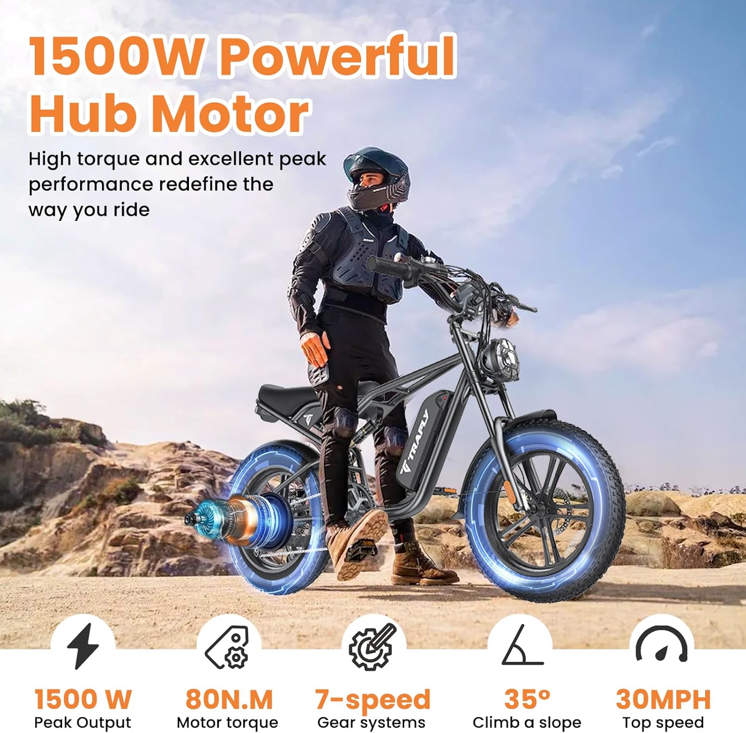 Electric Bike,20''Fat Tire Dirt Bike,with1500W Peak Motor/48V15.6Ah Removable Battery Electric Bicycles,30MPH &75 Miles,Dual Shock Absorber and Acc Cruise Control Ebike for Adults