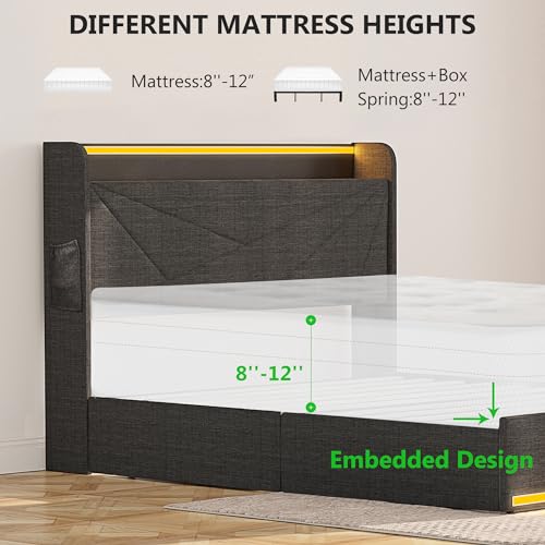 Alohappy Queen Bed Frame with Storage Drawers and Charging Station, Upholstered Platform Bed Frame with LED Light and Type-C & USB Ports,Metal Support No Box Spring Needed Noise-Free Easy Assembly