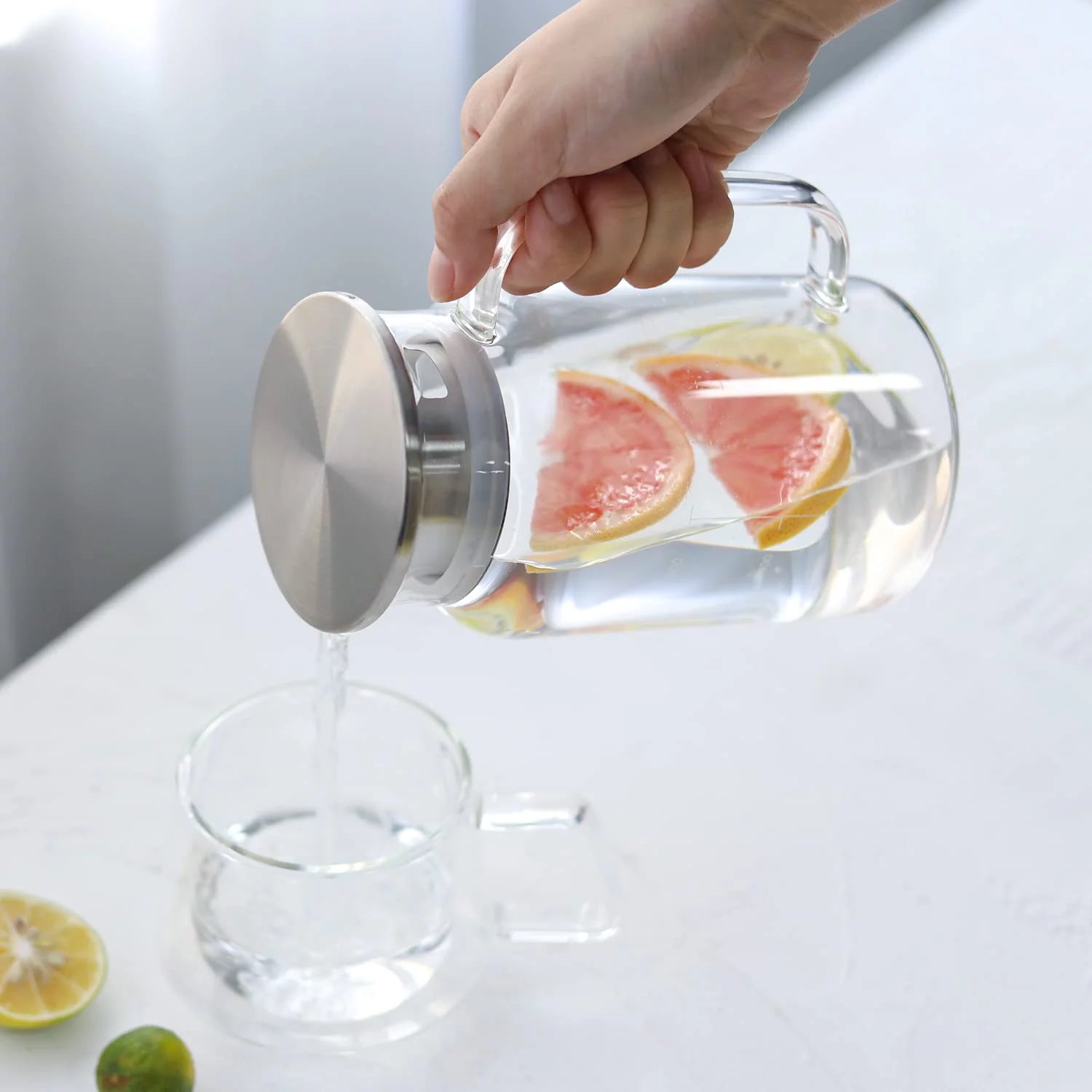 Vucchini Seal Glass Pitcher with Lid - Water Carafe with Handle - Great for Homemade Juice & Cold Tea or for Glass Milk Bottles - 35 Ounces