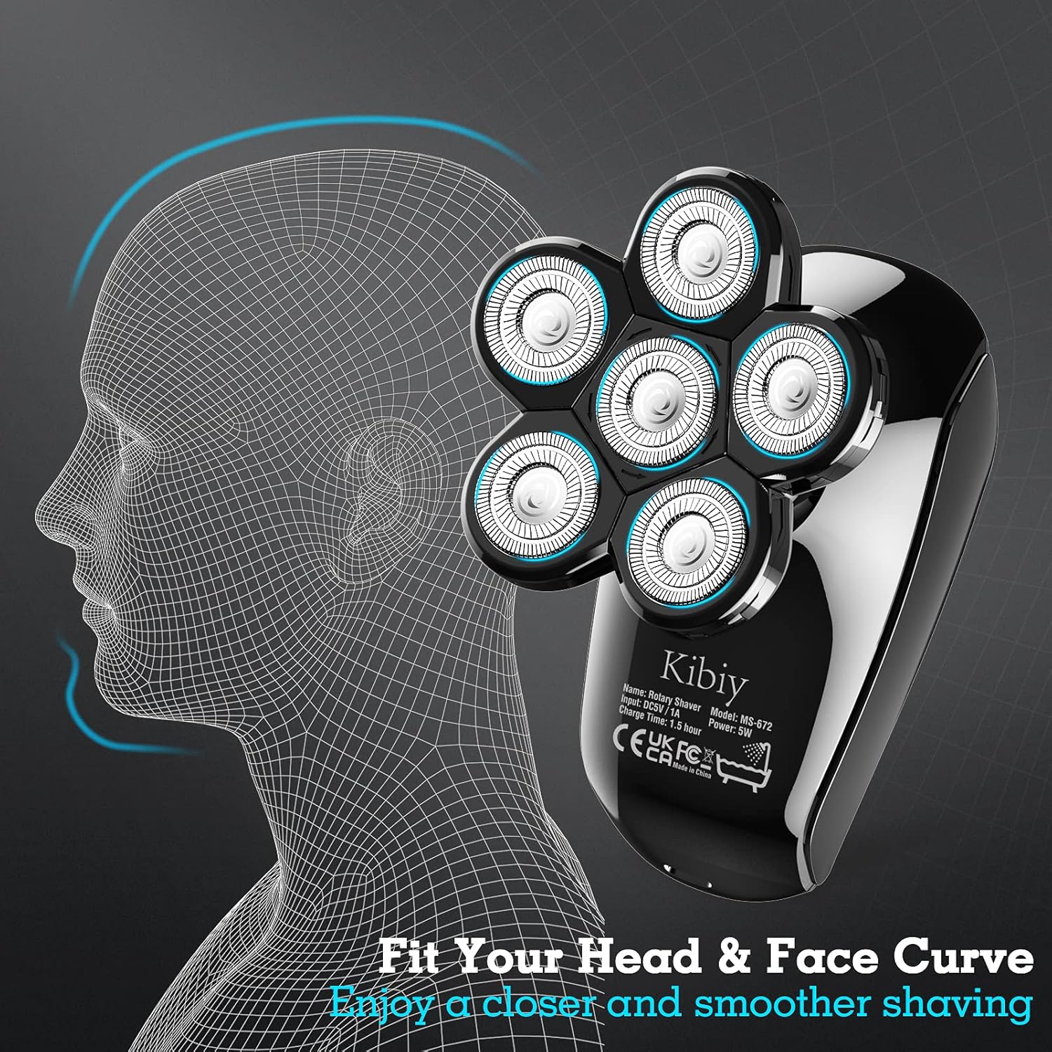 Head Shaver for Men, Kibiy 5-in-1 Electric Razor for Men Cordless LED Bald Head Shaver, IPX7 Waterproof 5D Rotary Shaver Grooming Kit with Nose Hair Trimmer Type-C Charge - Black Pack of 2