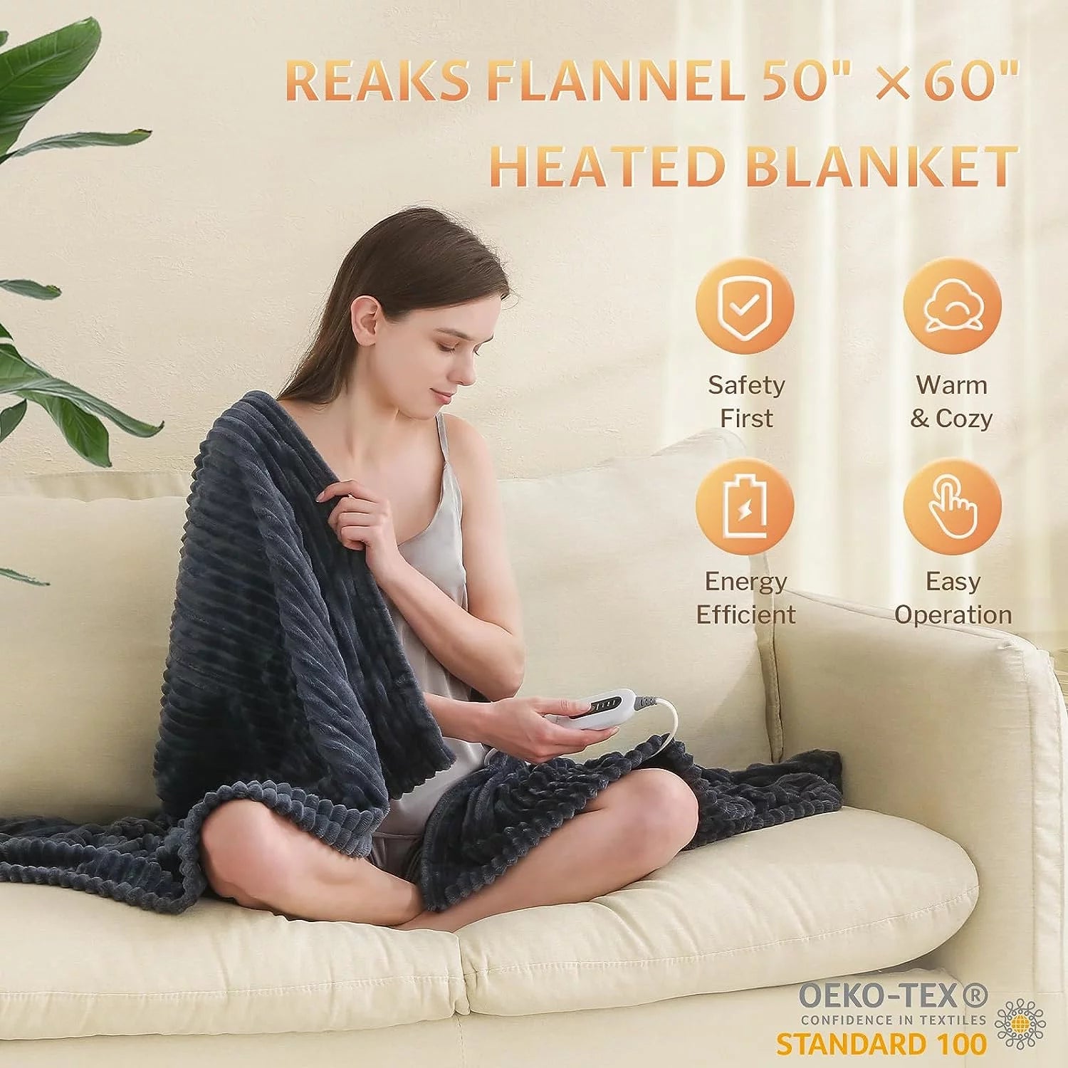 Reaks Heated Blanket Throw - 50" x 60" Electric Blanket with 4 Fast Heating Levels & 3 Hours Auto Off, Soft Flannel Heating Blankets In Dark Grey