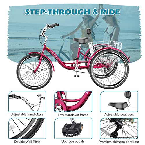 Adult Tricycles, 7 Speed Adult Trikes 20/24/26 inch 3 Wheel Bikes, Cruise Bike with Basket for Seniors, Women, Men for Recreation, Shopping, Exercise, Multiple Colors