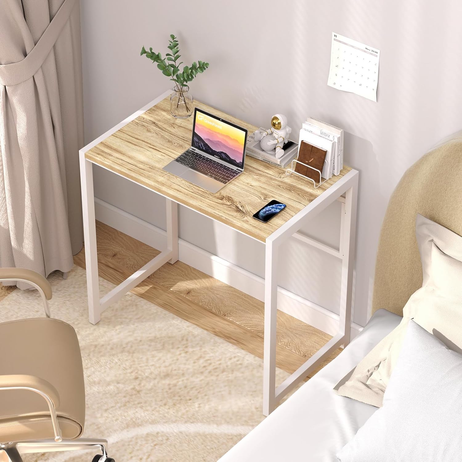 GreenForest Folding Desk No-Assembly,31.5 in Small Desk for Small Spaces Computer Desk for Home Office,Space Saving Foldable Table Study Writing Desk, Printer Stand with Storage Shelf