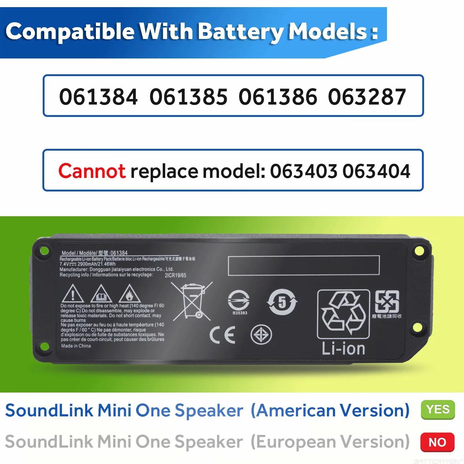 061385 Battery 061384 061386 063287 7.4V 2900mAh Replacement for Boses Soundlink Mini one / Boses SoundLink Mini Bluetooth Speaker one/ Boses SoundLink Mini Bluetooth Speaker I/ Boses Mini I