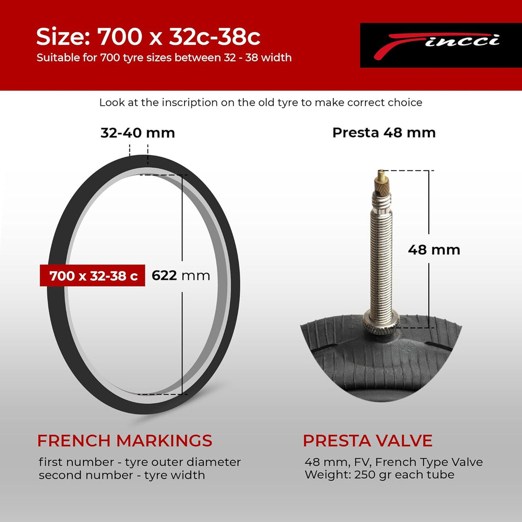Fincci Bike Inner Tube 700x35c / 32c / 38c - Presta Valve Inner Tubes 48mm for Cycle Bicycle Bike Tire - Pack of 2