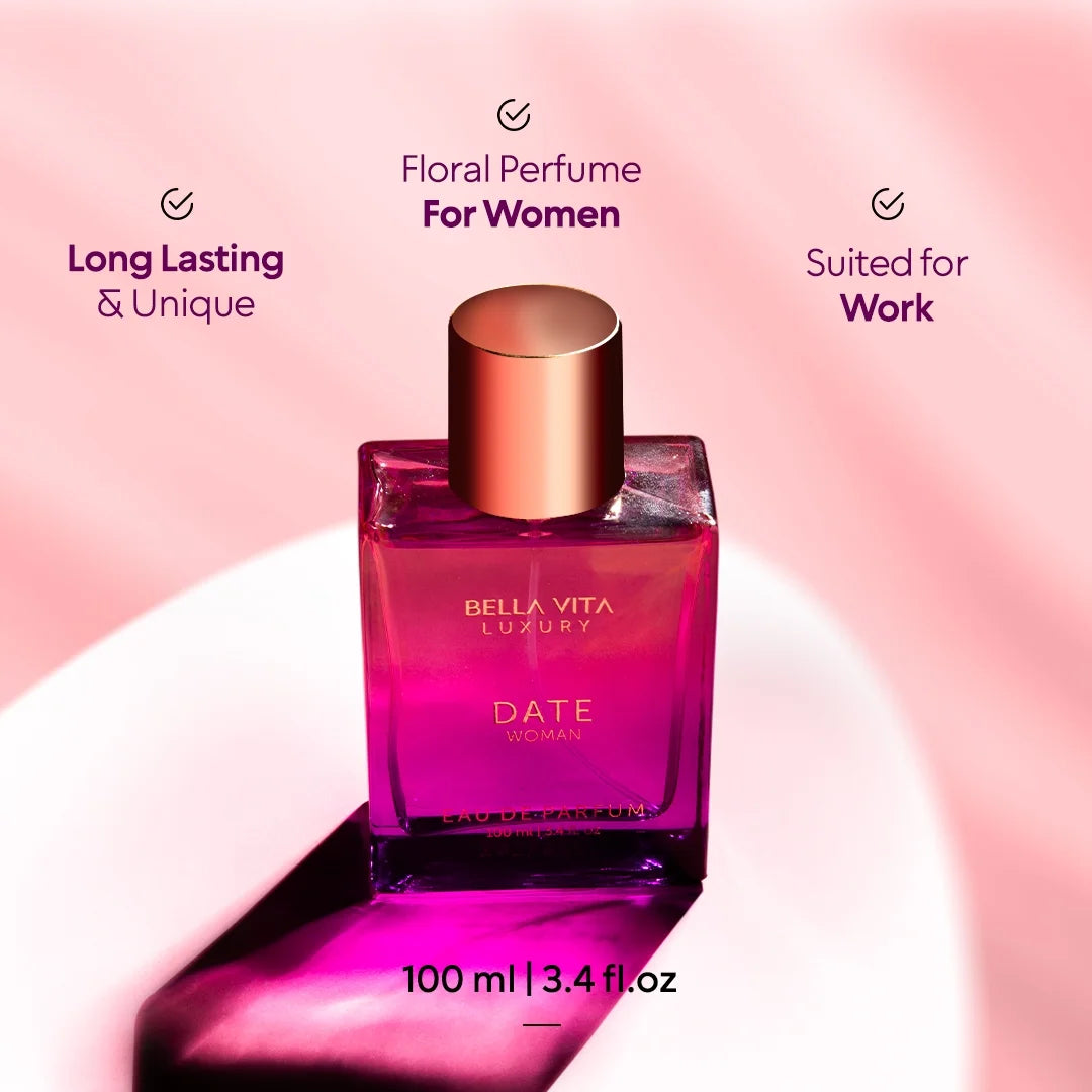 Bella Vita Luxury Date Eau De Parfum Perfume for Women with Pink Pepper, 100 ml, Red Fruit & Jasmine |Fruity & Spicy Long Lasting EDP Frgarance Scent