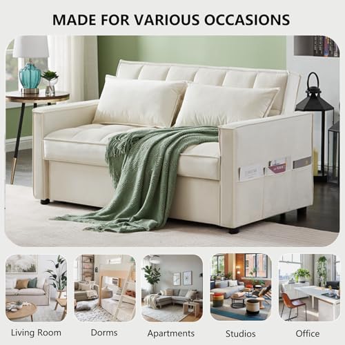 Convertible Sofa Bed, 3 in 1 Velvet Sleeper Loveseat with Pull Out Bed, Adjustable Backrest, 2 Pillows and 2 Foldable Side Table, Futon Loveseat Couches for Living Room, No.2-Black