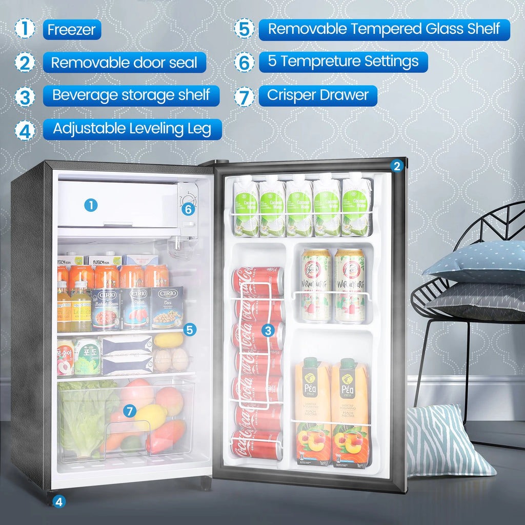WANAI 3.2 Cu ft Single Door Mini Fridge, Silvery