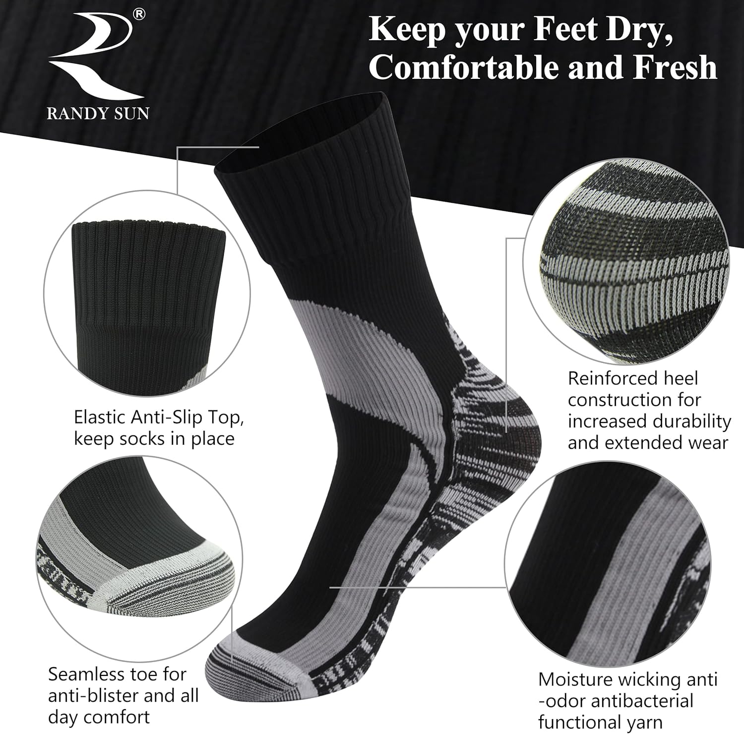 RANDY SUN Waterproof Breathable Socks, [SGS Certified] Unisex Novelty Skiing Trekking Hiking Wading Trail Socks 1 Pair