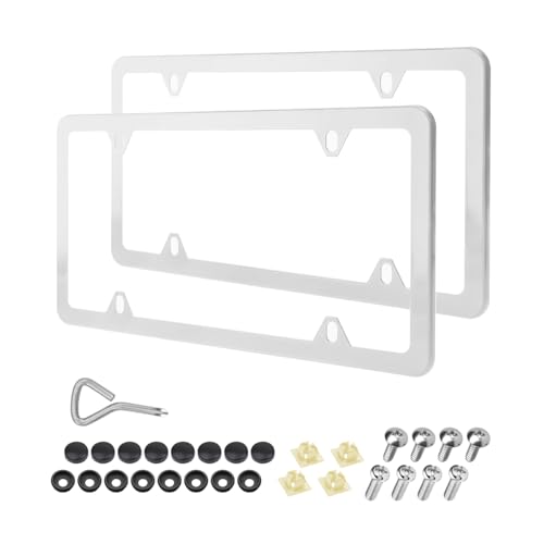 Osilly Car License Plate Frames, 2 Pack 4 Holes Stainless Steel Car Tag Holder, Universal US Standard, Slim Design Rust-Proof License Plate Covers with Screw Caps, Automotive Accessories