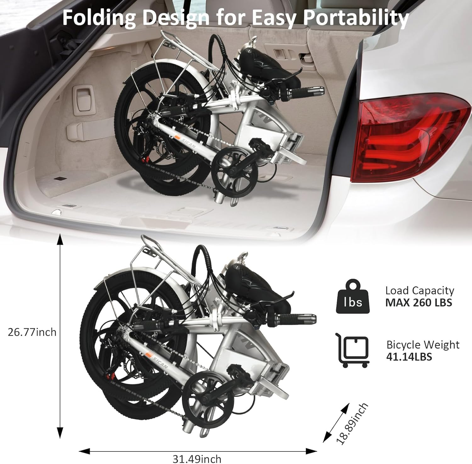 Folding Electric Bike, 850W Brushless Motor(Peak 1000W), 48V 12Ah Hidden Removeable Battery Up to 50 Miles, 3.0H Fast Charge, Weighs Only 40lbs,20" Tire Ebike, 7 Speed Gear, UL Certifiled