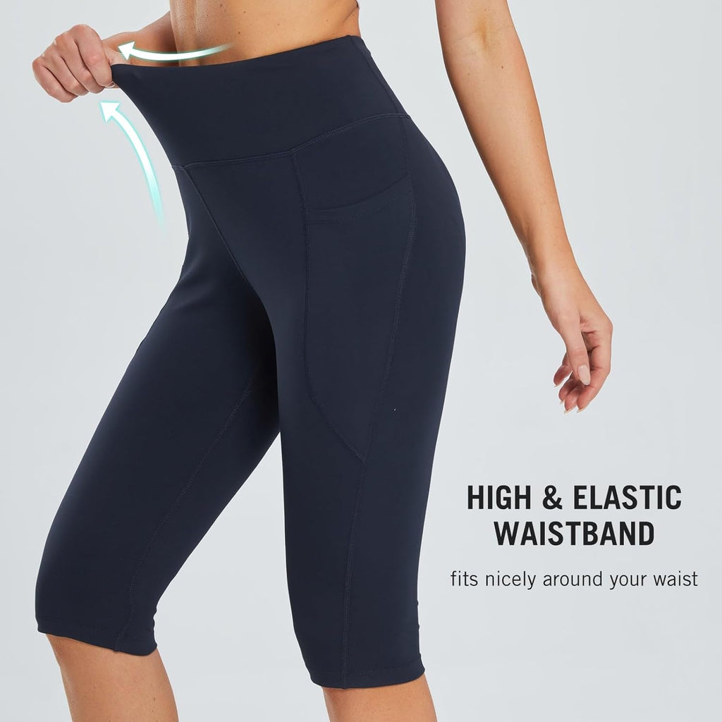 BALEAF Women's Capris with Pockets Knee Length Capri Leggings High Waisted Stretch for Casual Summer Yoga Workout Exercise