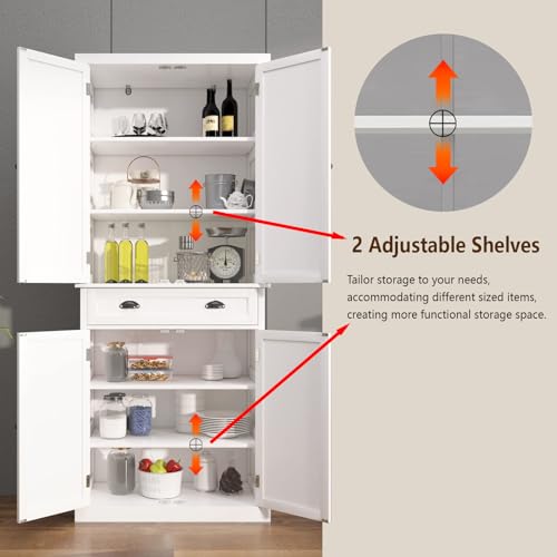 72" Kitchen Pantry Storage Cabinet Kitchen Cupboard with 4 Doors (2Doors with Racks),1 Drawer, 2 Adjustable Shelves Wood White Storage Cabinet for Dining Room Living Room Bathroom