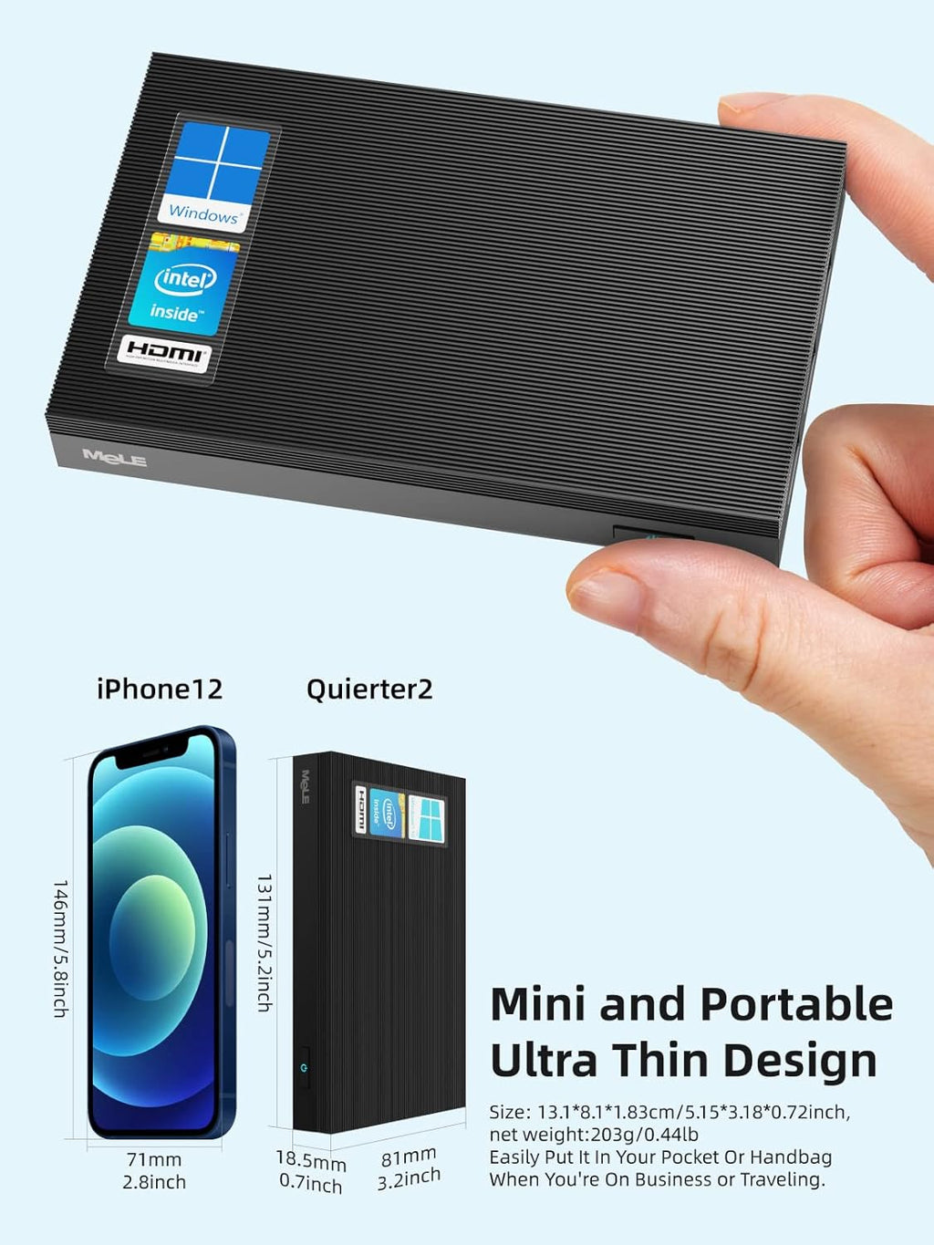 MeLE Mini PC Quieter2Q Fanless Windows 11 Pro Portable Desktop Micro Computer J4125 8G 128GB 4K Dual HDMI Gigabit Ethernet Small Form Factor pc for Home Office School Business Media Industry IoT Etc.