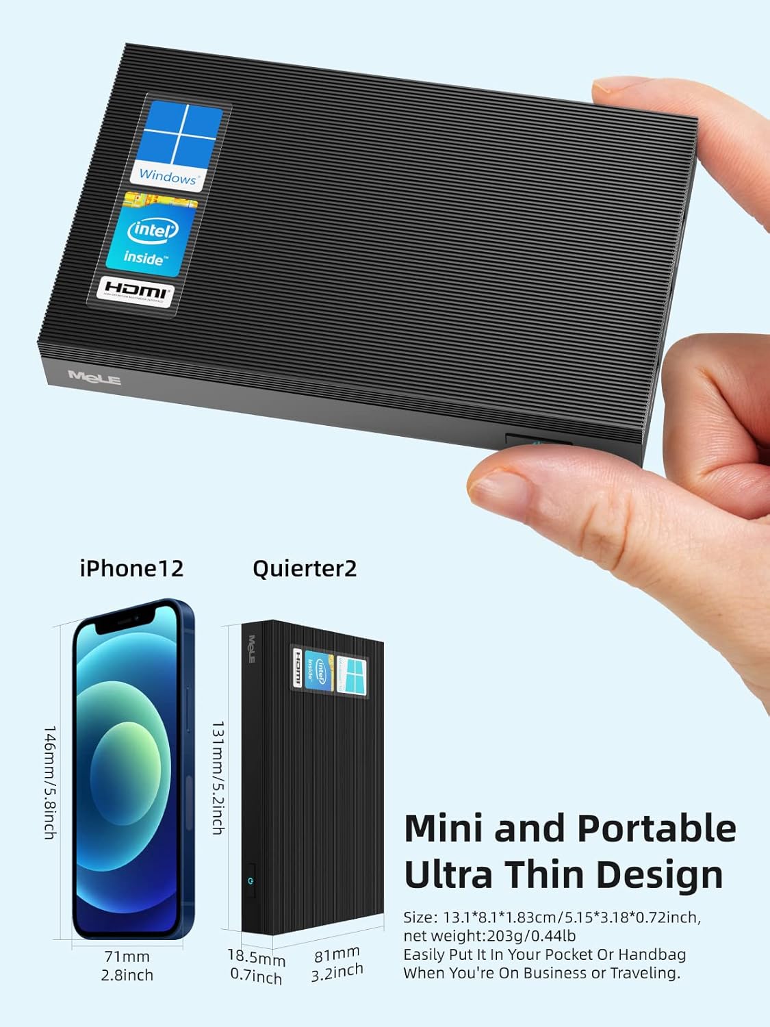 MeLE Mini PC Quieter2Q Fanless Windows 11 Pro Portable Desktop Micro Computer J4125 8G 128GB 4K Dual HDMI Gigabit Ethernet Small Form Factor pc for Home Office School Business Media Industry IoT Etc.