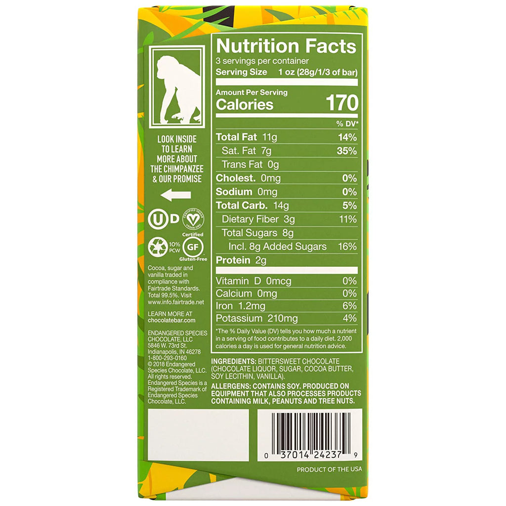 Endangered Species Dark Chocolate 72% Cocoa Bar Vegan Gluten Free 3 oz Pack of 3