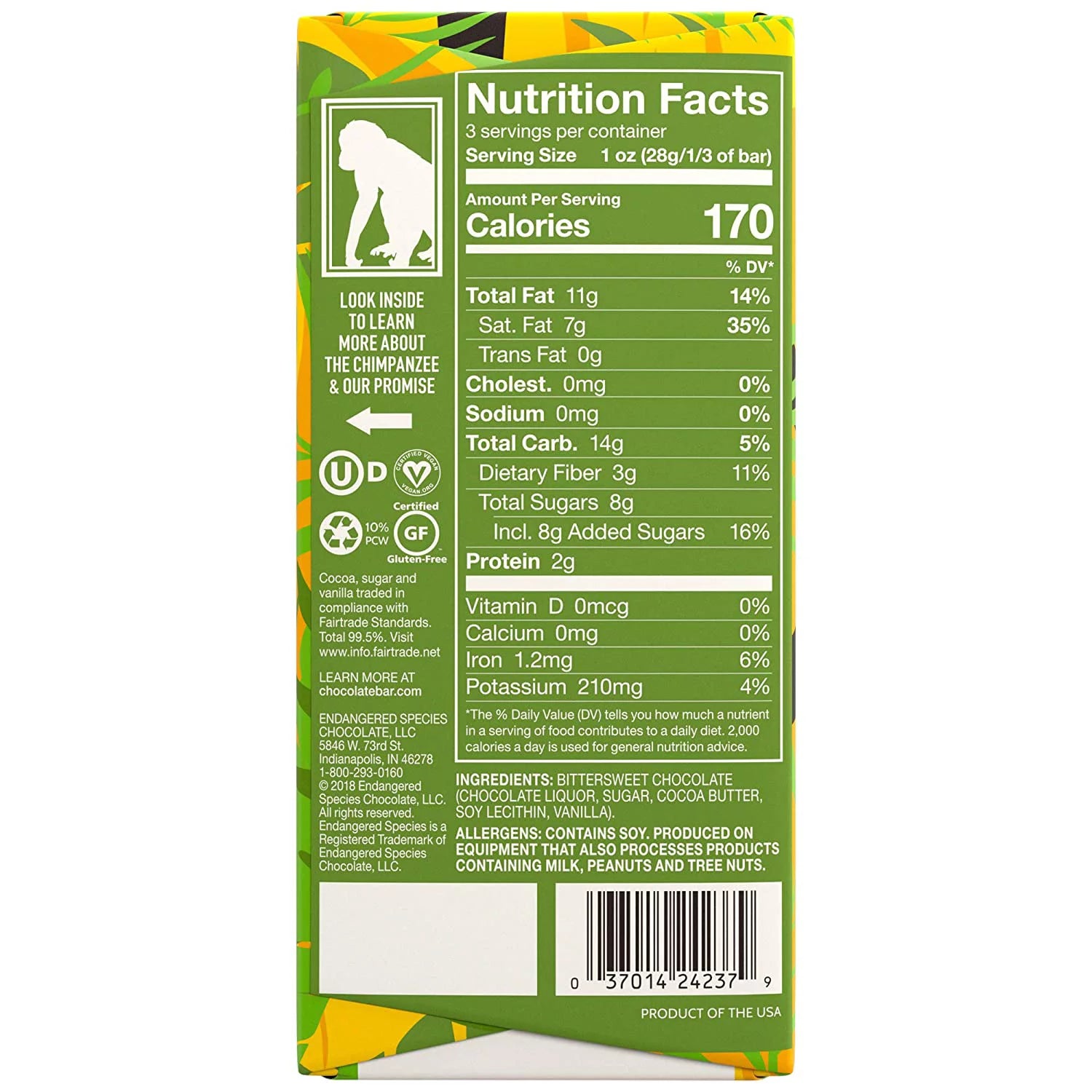 Endangered Species Dark Chocolate 72% Cocoa Bar Vegan Gluten Free 3 oz Pack of 3