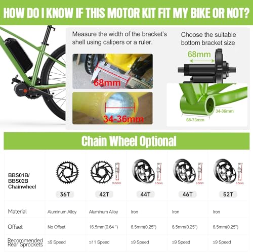 BAFANG BBS02B 36V/48V 500W Mid Drive Kit with Battery(Optional) 48V Ebike Motor with DIY LCD Display/Controller Electric Bikes Conversion kit for Mountain Bike