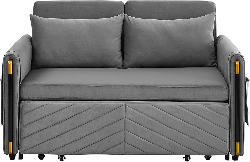 54" Velvet Loveseat, Modern Convertible Sofa Detachable Arm Pockets, Comfortable Couch with Pull Out Bed and 2 Pillows for Living Room Apartment Office, Gray