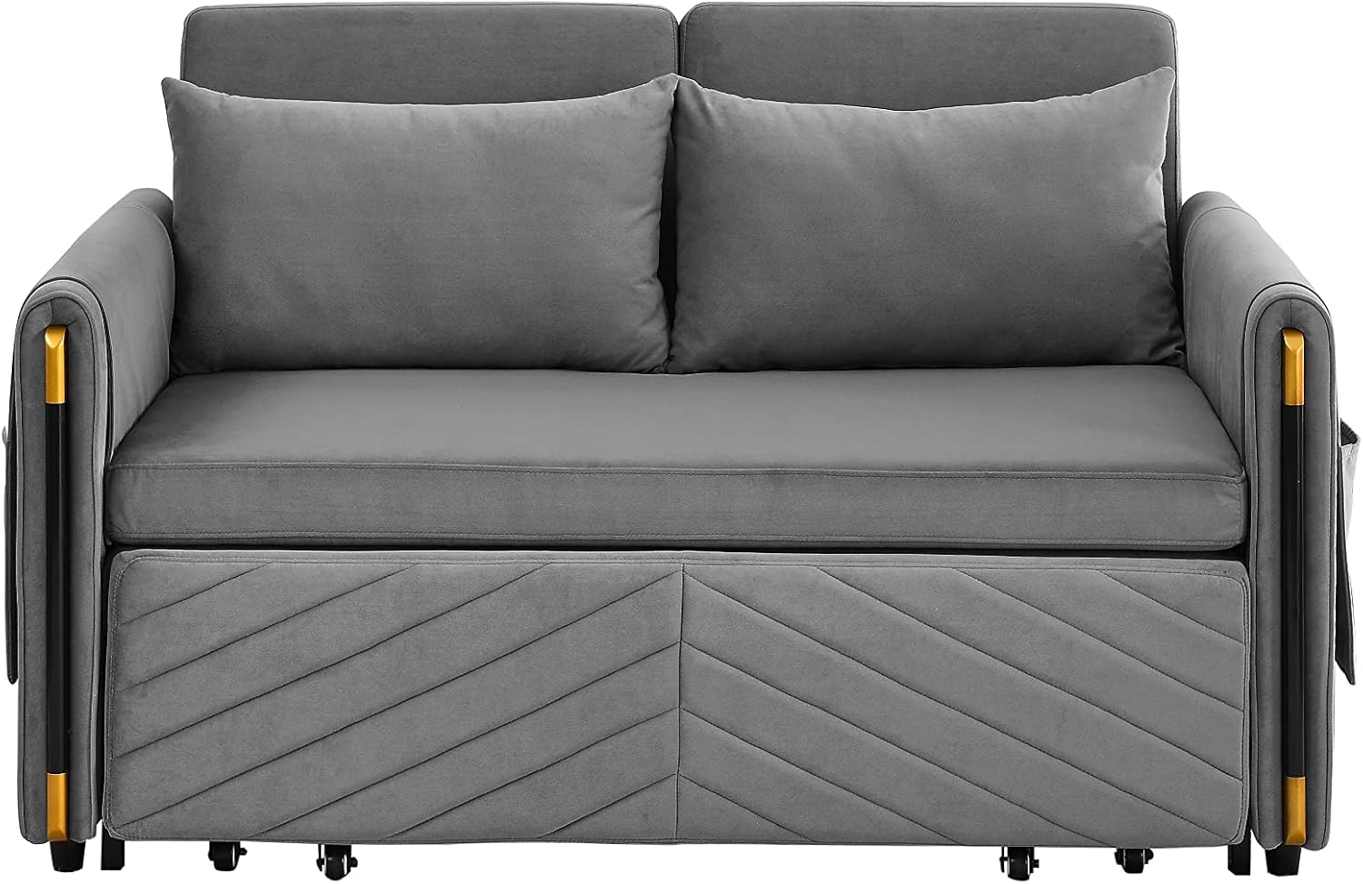 54" Velvet Loveseat, Modern Convertible Sofa Detachable Arm Pockets, Comfortable Couch with Pull Out Bed and 2 Pillows for Living Room Apartment Office, Gray