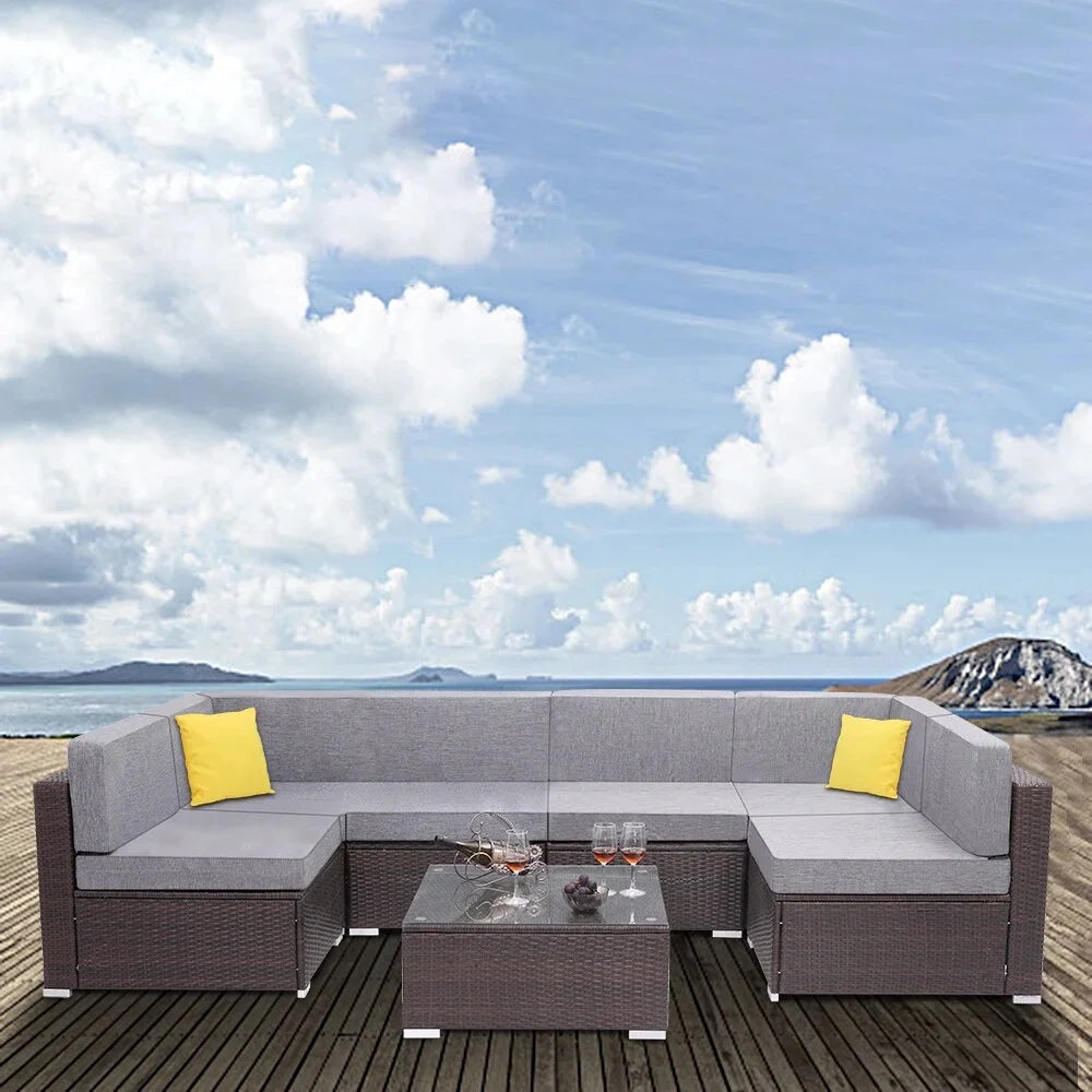 Two Styles US Warehouse 7 Pieces Patio PE Wicker Rattan Corner Sofa Set Patio Furniture  Set for Garden and Outdoors