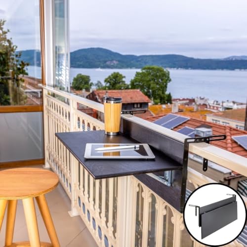 Balcony Bar Table for Railings, Outdoor Folding Deck Rail Table for Patio, Balcony Hanging Desk for Many Railings Compatible, Wooden Bar Serving Table for Porch (Chestnut, XL: 47.3 x 11.8 inches)