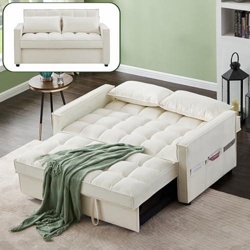Convertible Sofa Bed, 3 in 1 Velvet Sleeper Loveseat with Pull Out Bed, Adjustable Backrest, 2 Pillows and 2 Foldable Side Table, Futon Loveseat Couches for Living Room, No.2-Black