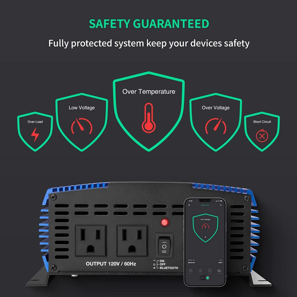 Kinverch 1500W Pure Sine Wave Power Inverter 12V DC to 110V AC Car Inverter with Bluetooth and 2AC Outlets &USB Port for Truck /RV /Home