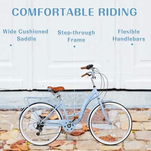 26 Inch Beach Cruiser Bike for Women, Hybrid Cruiser Bike with 7 Speed, Adjustable Seat, Lightweight Women Beach Cruiser Bike with Anti-Skid Tires, V-Brakes, Pink & Blue