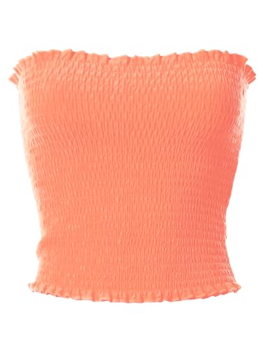 MixMatchy Women's Strapless Smocked Lettuce Hem Stretch Bustier Bandeau Crop Tube Top