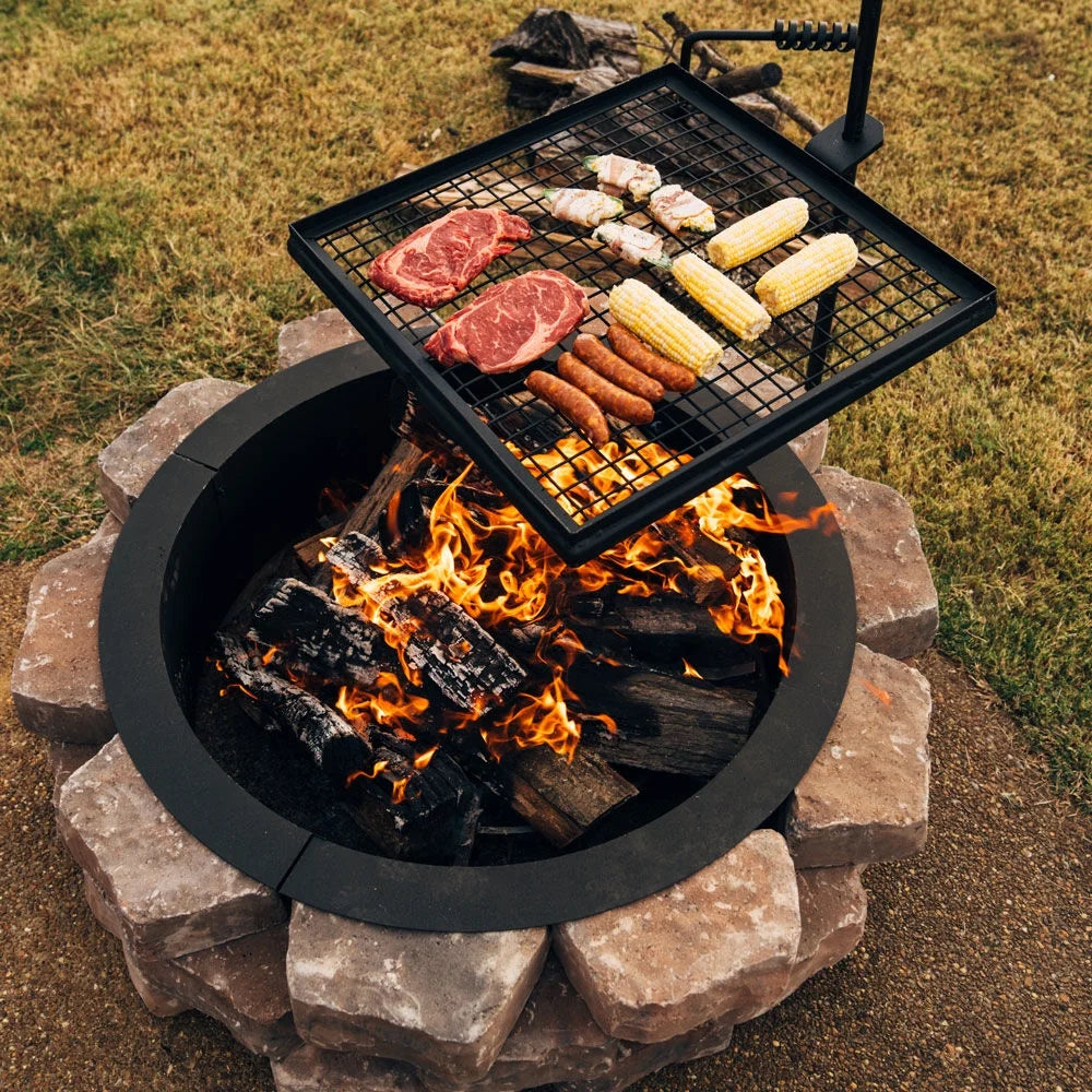 Ash & Ember Adjustable Swivel Grill, Steel Mesh Wire Cooking Grate with Spike Pole, Open Fire Portable BBQ Camping Gear
