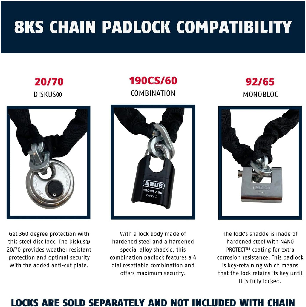 ABUS Hardened Steel 10 Foot x 3/8" Thick Square Security Chain for Bikes, Containers, Trailers, ATV's, Motorcycles and Personal/Industrial Property… (8KS)