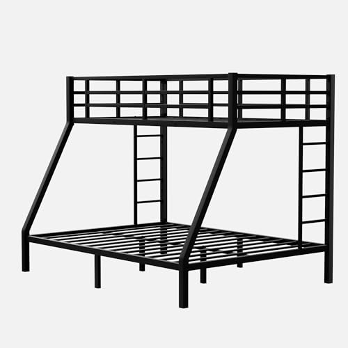 Bunk Bed Twin XL over Queen with 2 Ladder & Safety Railing, Metal Bunk Bed Frame for Kids/Adults Bedroom, Strong Slats Support, Under Bed Storage, Space Saving, Noise Free, No Box Spring Needed, Black