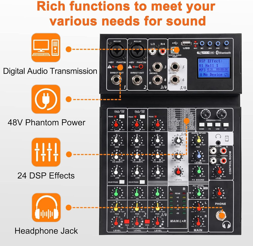 Audio Mixer Sound Board Console 6 Channel Sound Mixer Support Digital USB MP3 Computer Wireless Input with 48V Phantom Power for Professional and Beginners By Vangoa