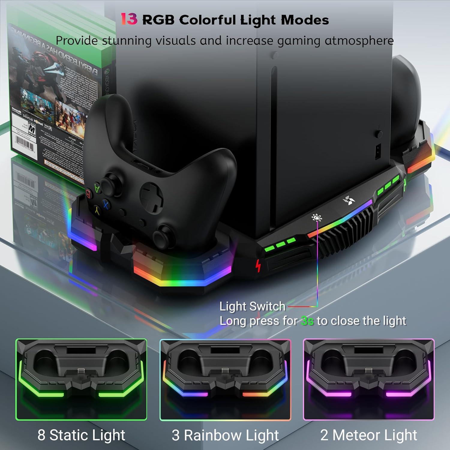 RGB Charging Stand with Cooling Fan for Xbox Series X, Vertical Dual Controller Charger Station Dock & Cooler System with 13 LED Lights, 2 Rechargeable Battery & 3 Accessories Holder for Xbox Series X