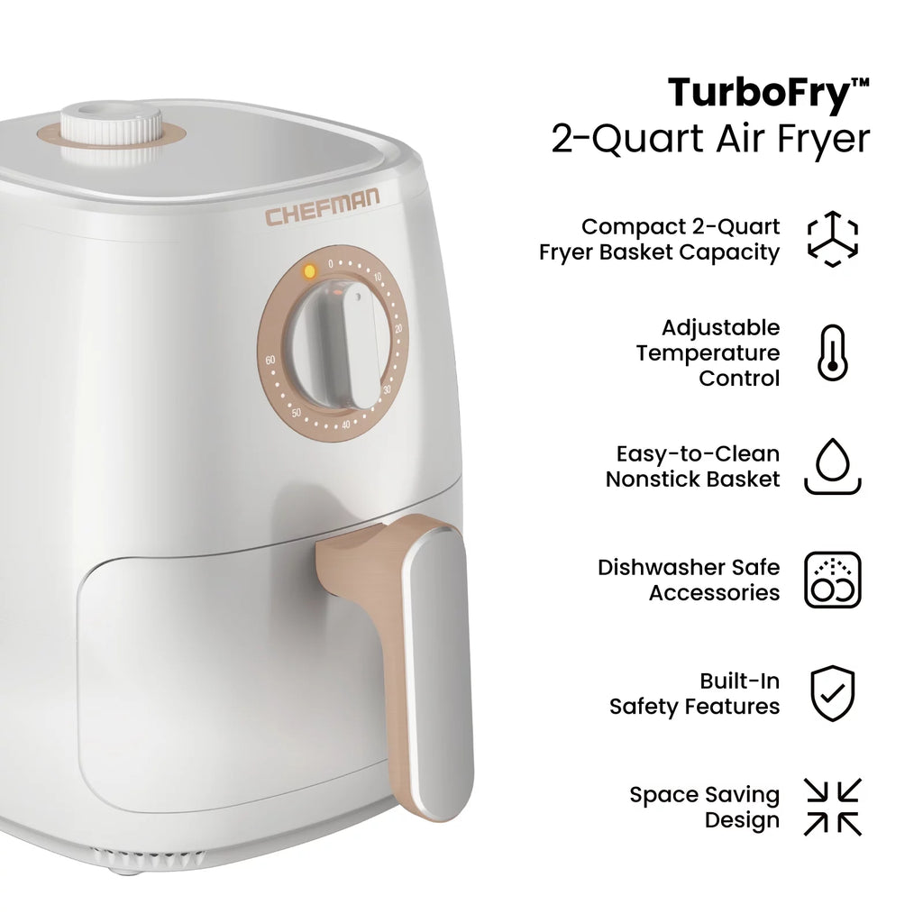 Chefman Turbofry Air Fryer w/ Timer and Temperature Control, 2 Qt Capacity - White, New