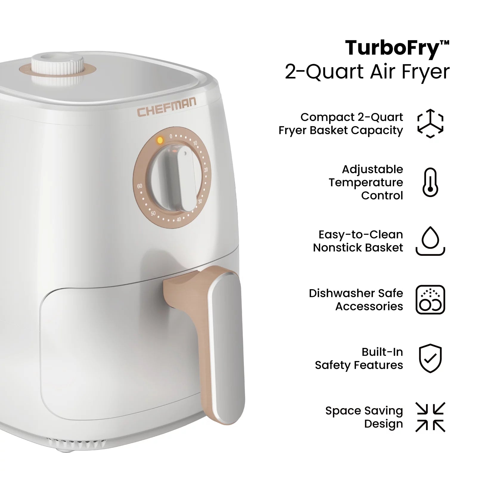 Chefman Turbofry Air Fryer w/ Timer and Temperature Control, 2 Qt Capacity - White, New